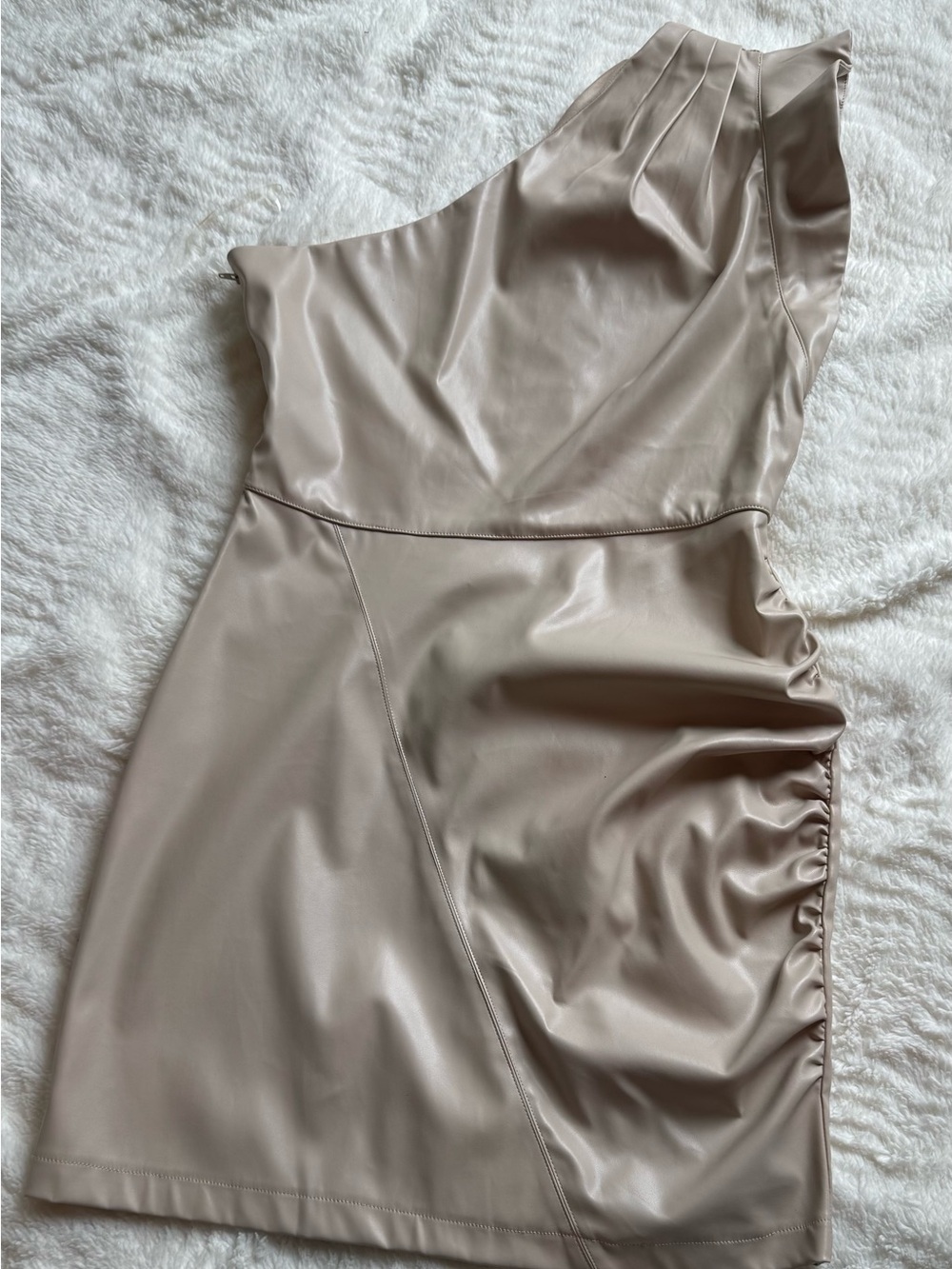 Entro One-Shoulder Taupe Vegan Leather Mini Dress